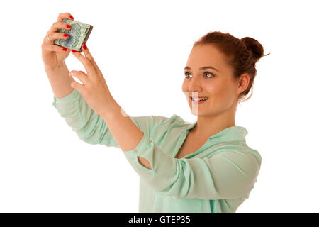 business woman showing a message on a screen of a smart phone isolated over white Stock Photo
