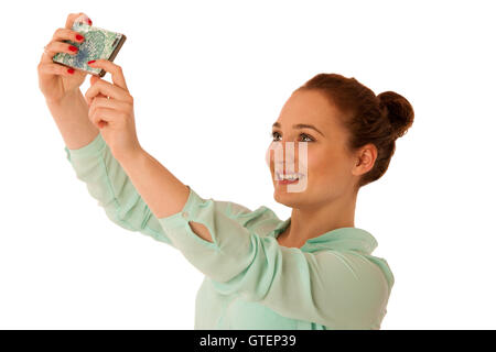 business woman showing a message on a screen of a smart phone isolated over white Stock Photo