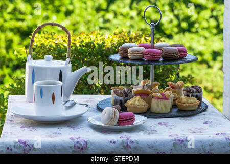 Tea with cakes and macaroons set up on the table in the garden