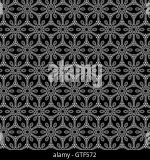 Primitive simple grey retro lace pattern with flowers and circles. Stock Vector