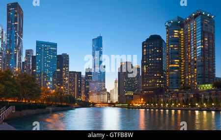 Chicago riverside. Image of Chicago downtown district at twilight. Stock Photo