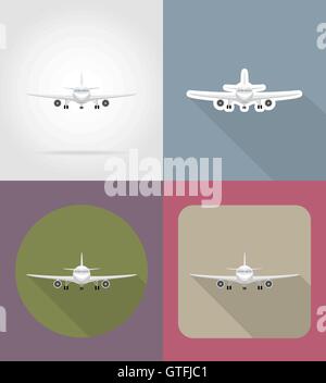 Airplane landing white flat icons on color rounded square backgrounds ...