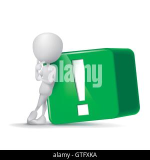 3d human and green exclamation mark cube isolated white background Stock Vector