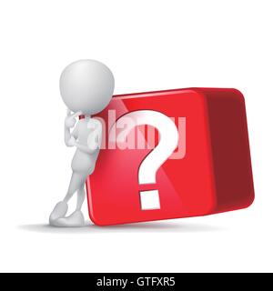 3d guys thinking in front of big question mark cubes Stock Vector