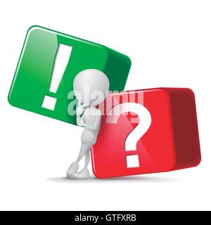 3d guys thinking in front of big question and exclamation mark cubes Stock Vector