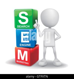 3d illustration of person with word sem cubes on white background Stock Vector