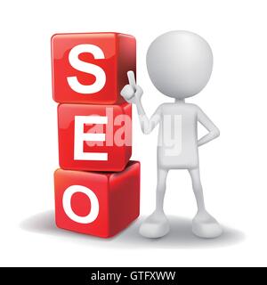 3d illustration of person with word seo cubes on white background Stock Vector