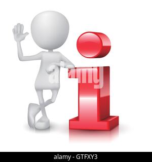3d small person standing near to an information icon. 3d image. Isolated white background Stock Vector