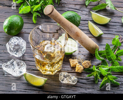 Mojito cocktail ingredients on the wooden table. Stock Photo