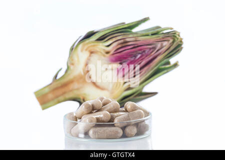 Artichoke leaf extract capsules. and Dietary supplements Stock Photo