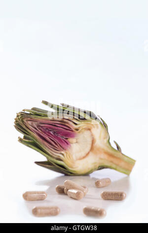 Artichoke leaf extract capsules. and Dietary supplements Stock Photo