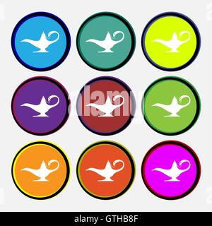 Alladin lamp genie icon sign. Nine multi colored round buttons. Vector Stock Vector