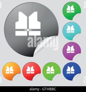Working vest icon sign. Set of eight multi colored round buttons, stickers. Vector Stock Vector