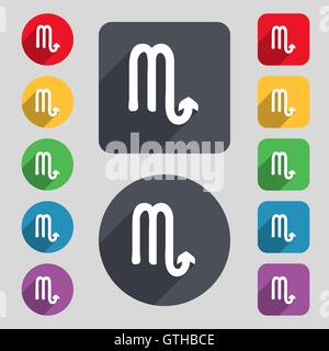 Scorpio icon sign. A set of 12 colored buttons and a long shadow. Flat design. Vector Stock Vector