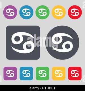 zodiac Cancer icon sign. A set of 12 colored buttons. Flat design. Vector Stock Vector