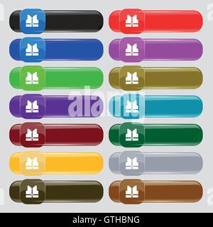 Working vest icon sign. Set from fourteen multi-colored glass buttons with place for text. Vector Stock Vector