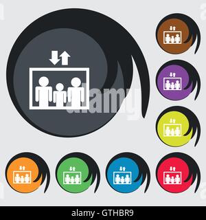 Elevator symbol sign. Symbols on eight colored buttons. Vector Stock Vector