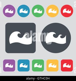 Waves icon sign. A set of 12 colored buttons. Flat design. Vector Stock Vector