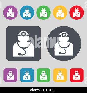 Doctor with stethoscope around his neck icon sign. A set of 12 colored buttons. Flat design. Vector Stock Vector