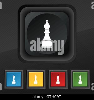 Chess bishop icon symbol. Set of five colorful, stylish buttons on black texture for your design. Vector Stock Vector
