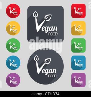 Vegan food graphic design icon sign. A set of 12 colored buttons and a long shadow. Flat design. Vector Stock Vector