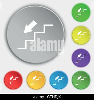 descent down icon sign. Symbol on eight flat buttons. Vector Stock Vector