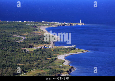 Cap des Rosiers Lighthouse, aerial view, Gaspesie, Quebec, Canada Stock Photo