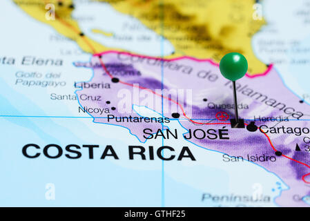 San Jose pinned on a map of Costa Rica Stock Photo