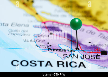 Puntarenas pinned on a map of Costa Rica Stock Photo