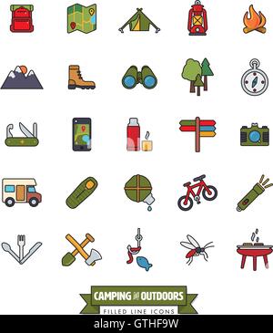 camping, hiking, trekking and outdoor pursuit filled line icon collection Stock Vector