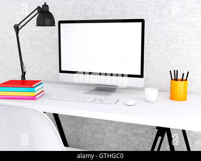 3D illustration. Modern workspace with blank screen computer. Mock up. Stock Photo