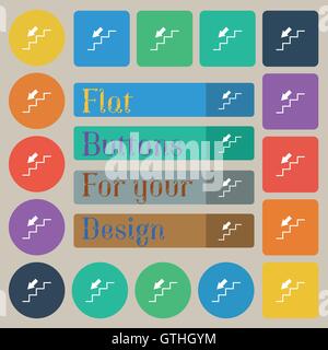 descent down icon sign. Set of twenty colored flat, round, square and rectangular buttons. Vector Stock Vector