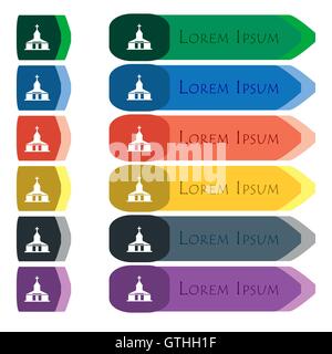 Church Icon sign. Set of colorful, bright long buttons with additional small modules. Flat design Stock Vector