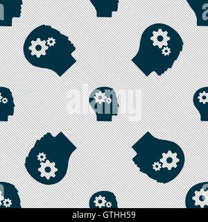 Pictograph of gear in head icon sign. Seamless pattern with geometric texture. Vector Stock Vector