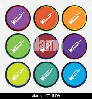 Syringe icon sign. Nine multi colored round buttons. Vector Stock Vector