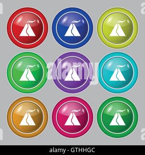 active erupting volcano icon sign. symbol on nine round colourful buttons. Vector Stock Vector