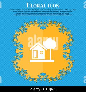 house icon icon. Floral flat design on a blue abstract background with place for your text. Vector Stock Vector