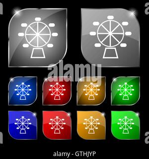 Ferris wheel icon sign. Set of ten colorful buttons with glare. Vector Stock Vector