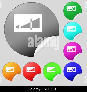 Volume adjustment icon sign. Set of eight multi colored round buttons, stickers. Vector Stock Vector