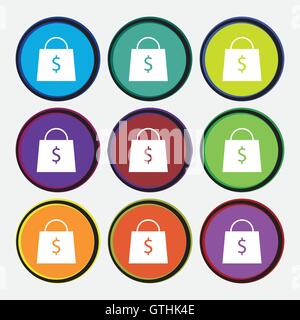 shopping bag icon sign. Nine multi colored round buttons. Vector Stock Vector