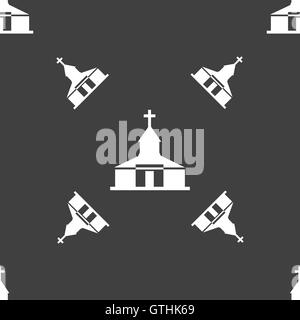 Church Icon sign. Seamless pattern on a gray background. Vector Stock Vector