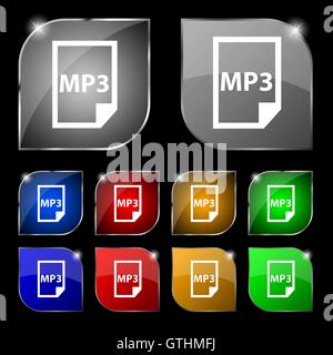 mp3 icon sign. Set of ten colorful buttons with glare. Vector Stock Vector