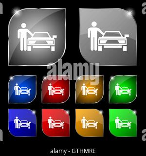 person up hailing a taxi icon sign. Set of ten colorful buttons with glare. Vector Stock Vector
