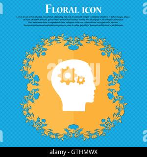 Pictograph of gear in head icon icon. Floral flat design on a blue abstract background with place for your text. Vector Stock Vector