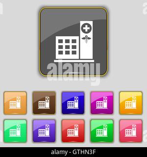 Hospital icon sign. Set with eleven colored buttons for your site. Vector Stock Vector