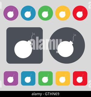 bomb icon sign. A set of 12 colored buttons. Flat design. Vector Stock Vector