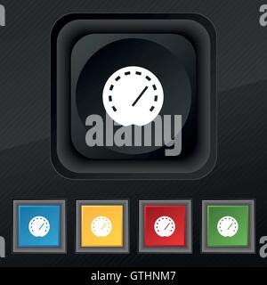speedometer Icon symbol. Set of five colorful, stylish buttons on black texture for your design. Vector Stock Vector