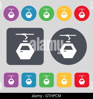 Cableway cabin icon sign. A set of 12 colored buttons. Flat design. Vector Stock Vector