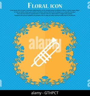 Trumpet icons icon. Floral flat design on a blue abstract background with place for your text. Vector Stock Vector