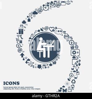 Businessman working on computer icon in the center. Around the many beautiful symbols twisted in a spiral. You can use each sepa Stock Vector